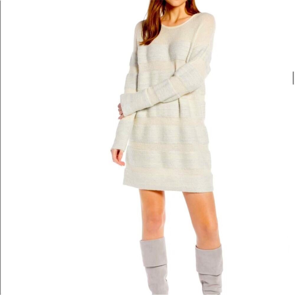 Something Navy ivory silver metallic striped alpaca blend sweater dress Medium
